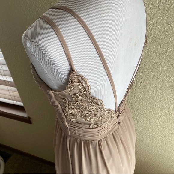 Azazie Bridesmaid Blake Dress Formal Prom Evening Gown Maxi Lace Blush Tan: 4 - Picture 4 of 13